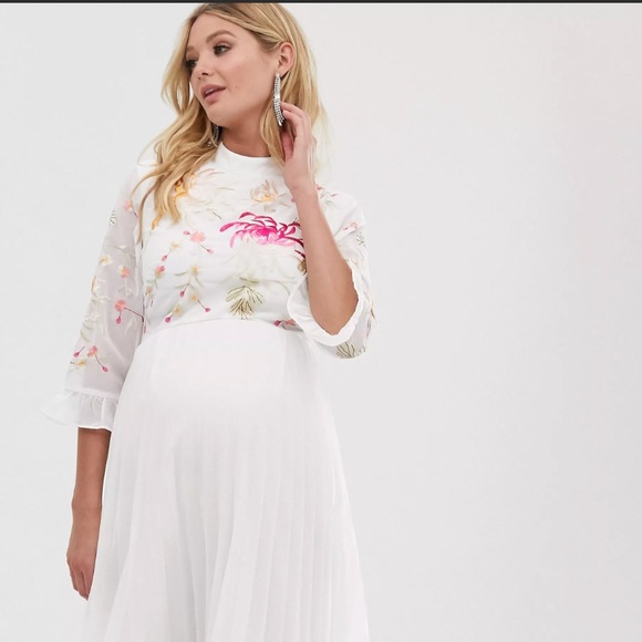ASOS Maternity Embroidered Pleated Midi Dress - Picture 4 of 11
